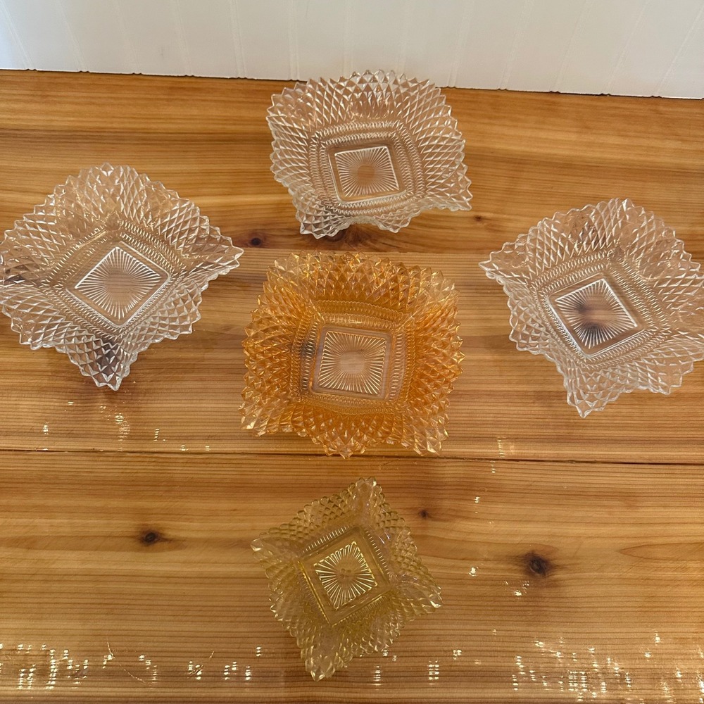 Vintage Pressed Glass Trinket‎ Dish Set Multi Excellent 
Diamond Point Sawtooth